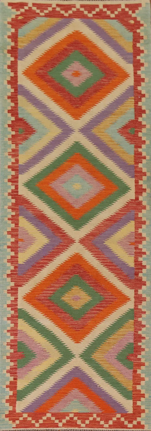 Colorful Kilim Geometric Runner Rug 3x10