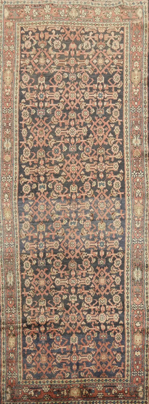 Vintage Navy Blue and Red Hamedan Persian Runner Rug 4x10 ft