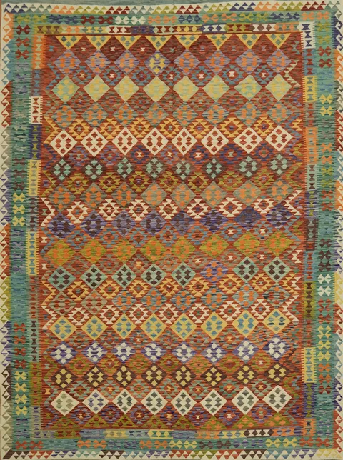 Vibrant Flat-Weave Kilim Rug with Intricate Patterns 10'x13'