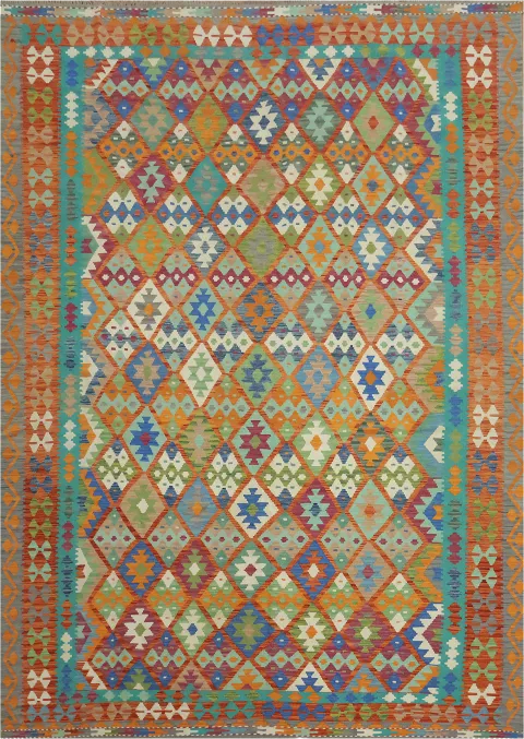 Handwoven Colorful Kilim Rug Featuring Intricate Tribal Patterns 8'x12'