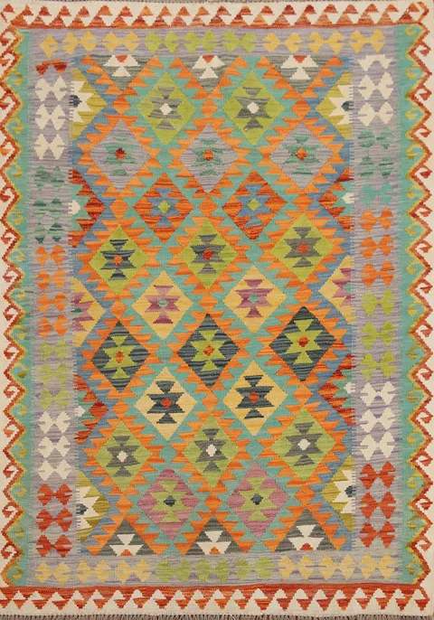 Geometric Kilim Reversible Wool Area Rug 5x7