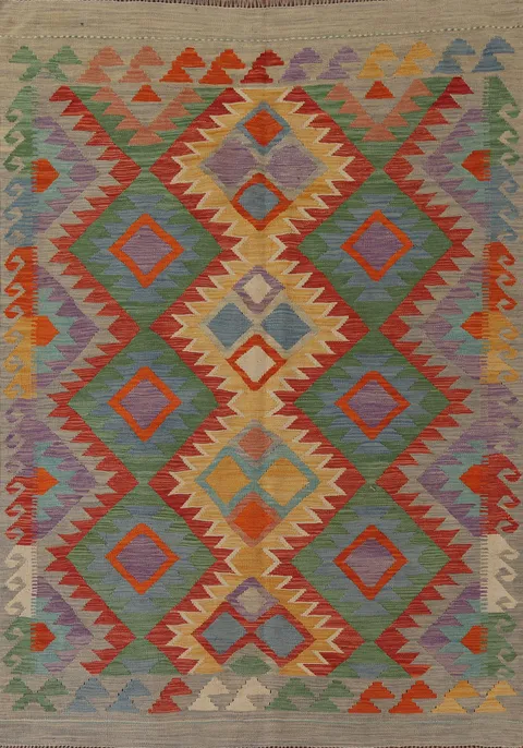 Geometric Kilim Reversible Wool Area Rug 5x7