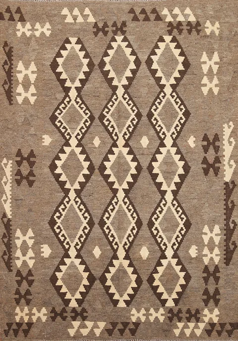 Geometric Kilim Brown Wool Area Rug 5x6