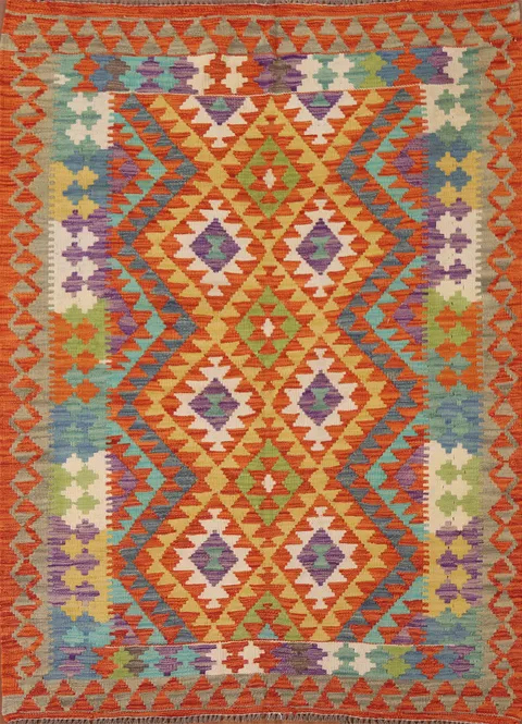 Geometric Kilim Reversible Wool Area Rug 5x6