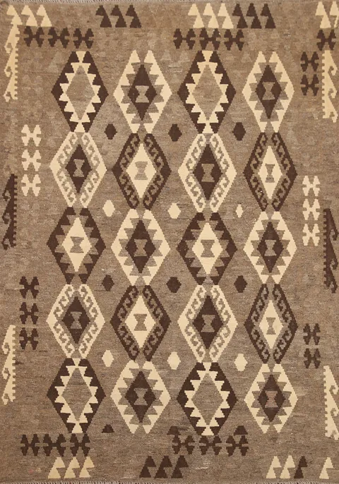 Brown Geometric Kilim Wool Area Rug 5x7