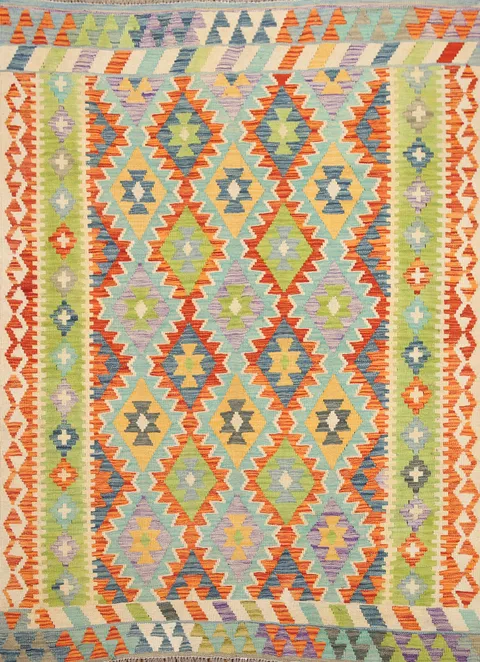 Geometric Kilim Reversible Wool Area Rug 5x6