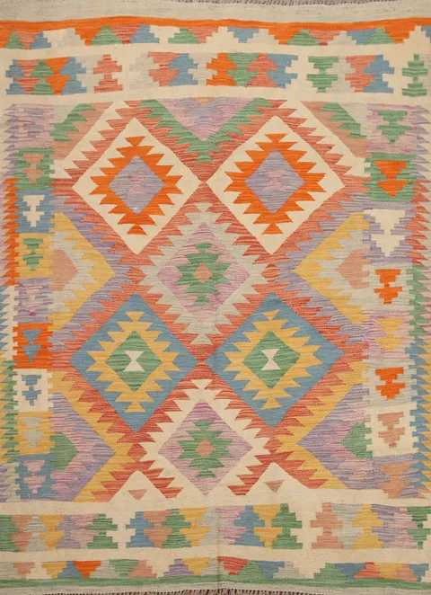 Hand-Woven Kilim Reversible Wool Area Rug 5x7