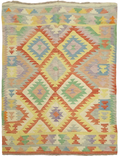 Dazzling Kelim Kilim Rug with Bold and Bright Geometric Shapes 5'x7'