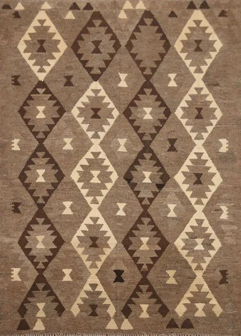 Geometric Kilim Brown Wool Area Rug 5x6