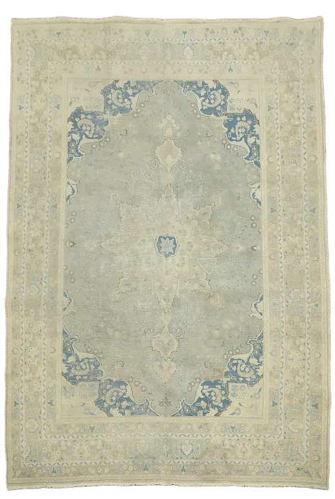 Vintage Gray and Blue Distressed Mashad Persian Area Rug 7x10