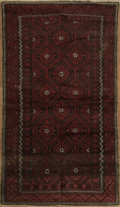 Vintage Dark Red Geometric Afghan Balouch Rug with 3x6