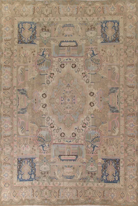 Vintage Pictorial Kashmar Persian Area Rug 10x12