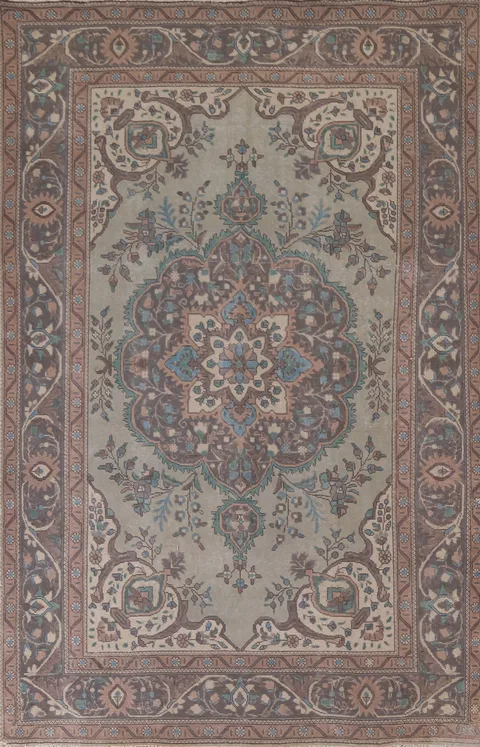 Distressed Green Tabriz Persian Area Rug 6x9