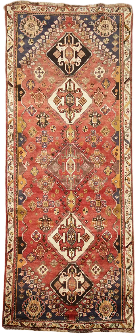 Traditional Geometric Design Wool Rug in Earthy Red and Blue Hues 3x8