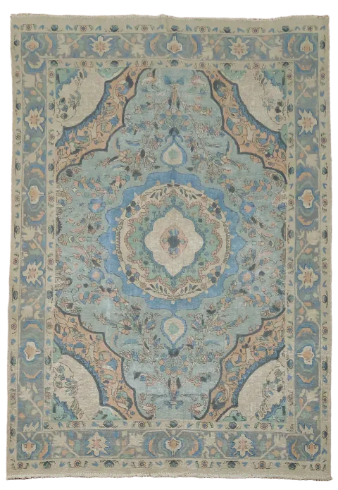 Vintage Distressed Soft Blue Tabriz Persian Wool Area Rug 6x9 ft