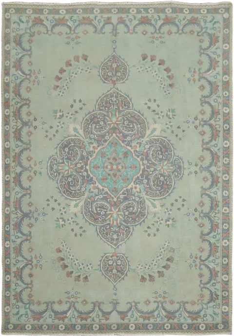 Vintage Distressed Mint Green Tabriz Persian Area Rug 8x11