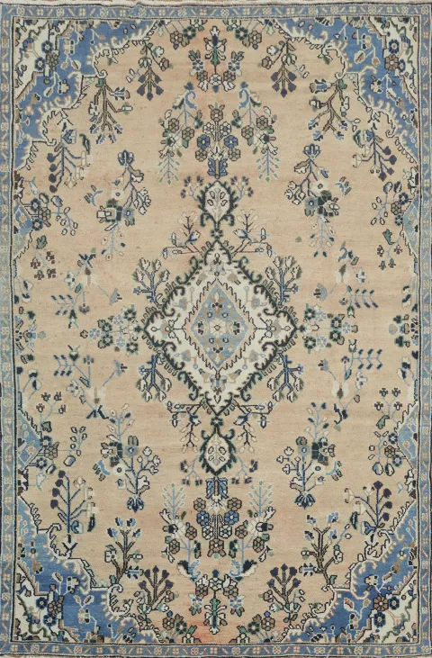 Elegant Floral Persian Rug with Exquisite Blue and Peach Patterns 6x9 ft