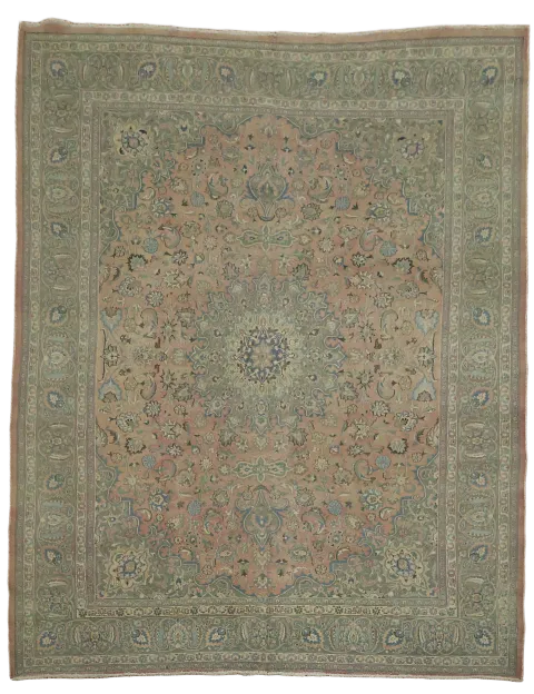 Distressed Vintage Muted Pink Floral Mashad Persian Area Rug 10x13