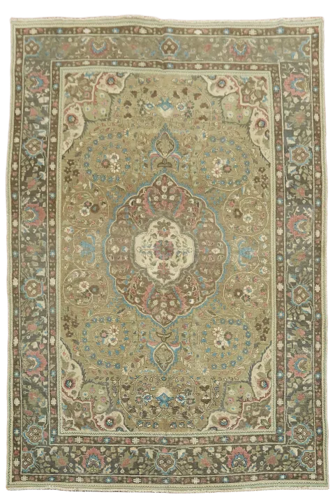 Vintage Persian Green Tabriz Rug with Intricate Floral Patterns 6'x9'