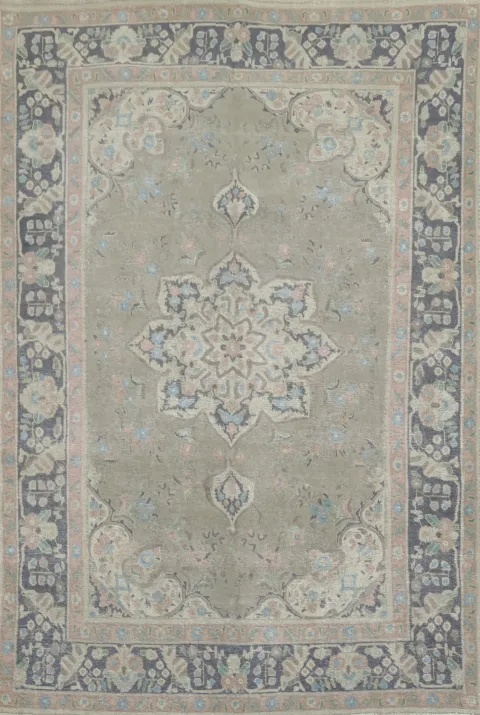 Vintage Distressed Tabriz Persian Rug in Soft Neutrals Grey Green 7x10 ft