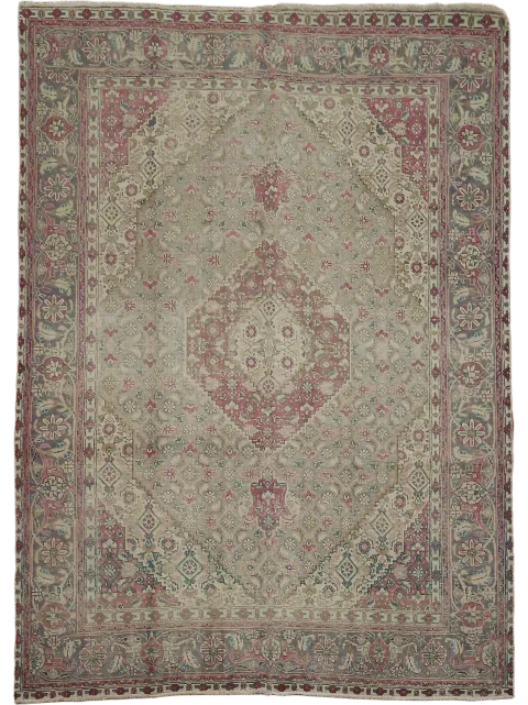 Vintage Geometric Grey and Pink Distressed Tabriz Persian Rug 8x11