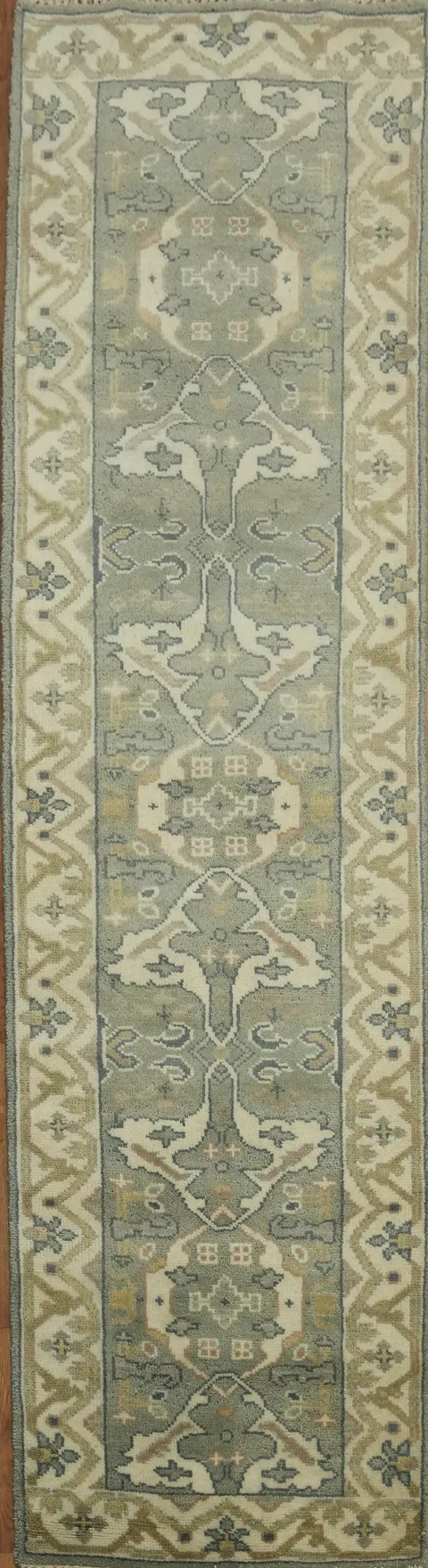 Green Hallway Runner Rug with Soft Earth Tones and Motifs 3x10