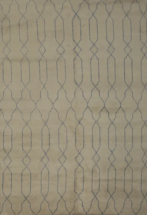 Natural Tone Moroccan Area Rug 8x10 with Chic Geometric Blue Accents
