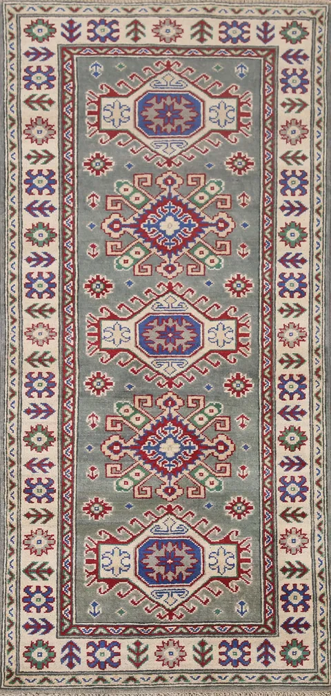 Green Handmade Kazak Wool Rug 3x6