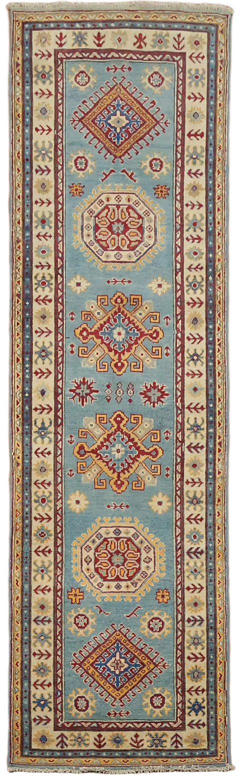 Light Blue Kazak Geometric Runner Rug 3x9