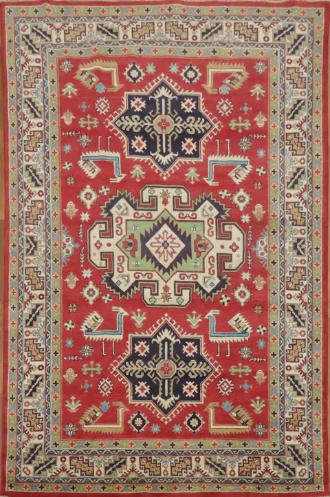 Traditional Red Kazak Area Rug with Colorful Tribal Motifs 6'x9'