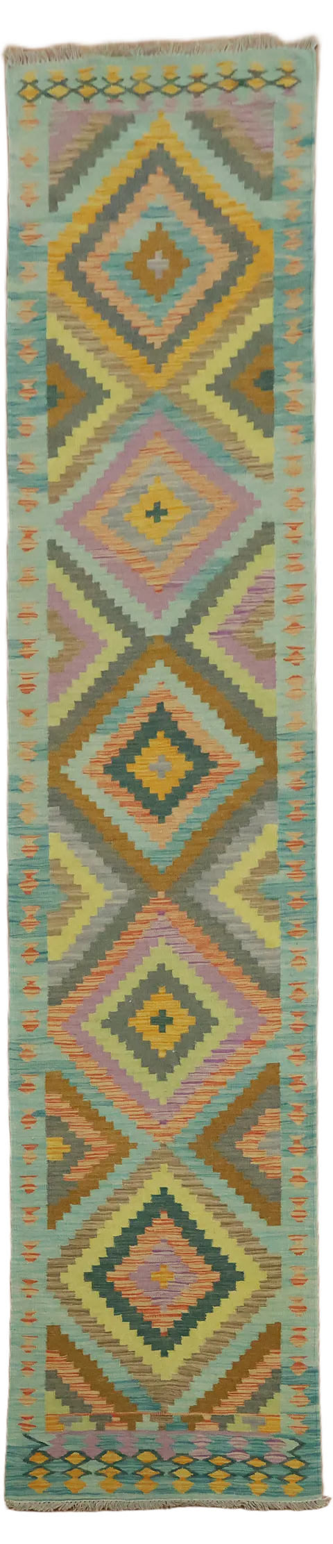 Vibrant Geometric Diamond Pattern Flat-Woven Kilim Rug 12' 9'' x 2' 9''