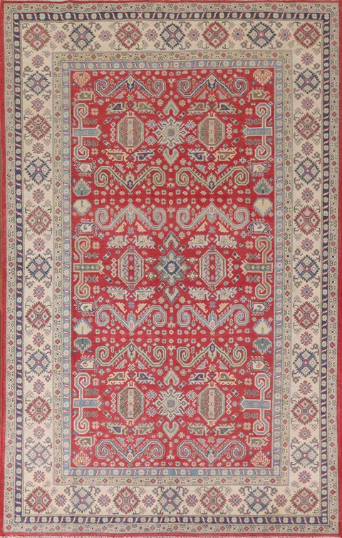 All-Over Geometric Kazak Red Wool Area Rug 7x10