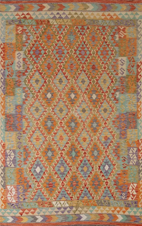 Geometric Kilim Reversible Wool Area Rug 7x10