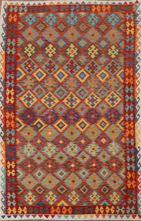 Geometric Kilim Reversible Wool Area Rug 7x10