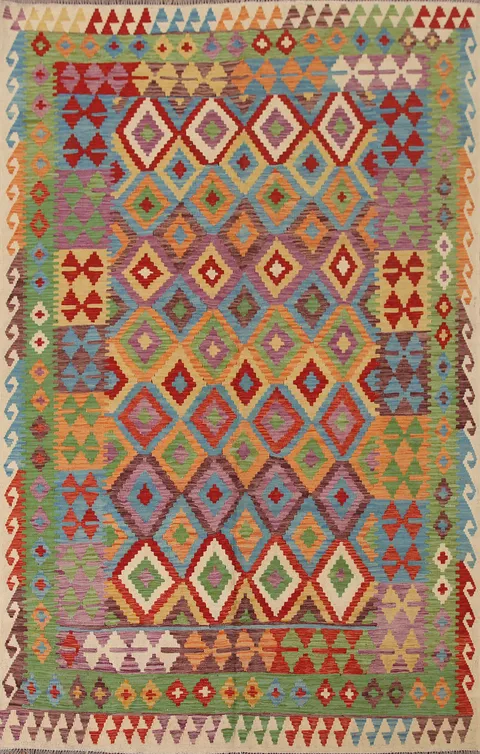 Geometric Kilim Reversible Wool Area Rug 7x10