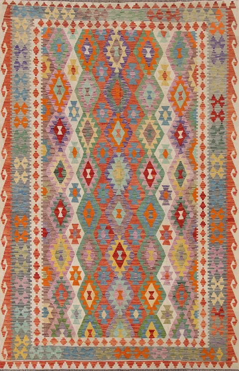 Geometric Kilim Reversible Wool Area Rug 7x10