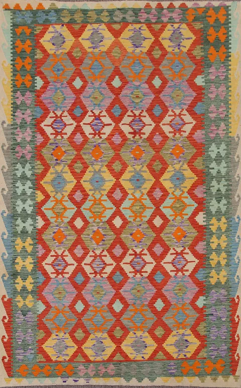 Geometric Kilim Reversible Wool Area Rug 5x8