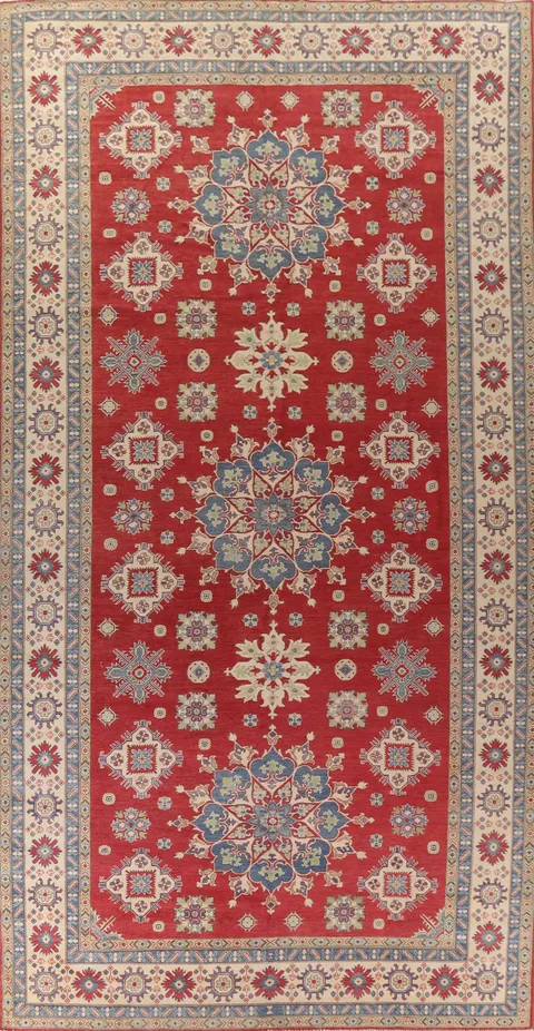 Red Geometric Kazak Large Handmade Rug 10x19