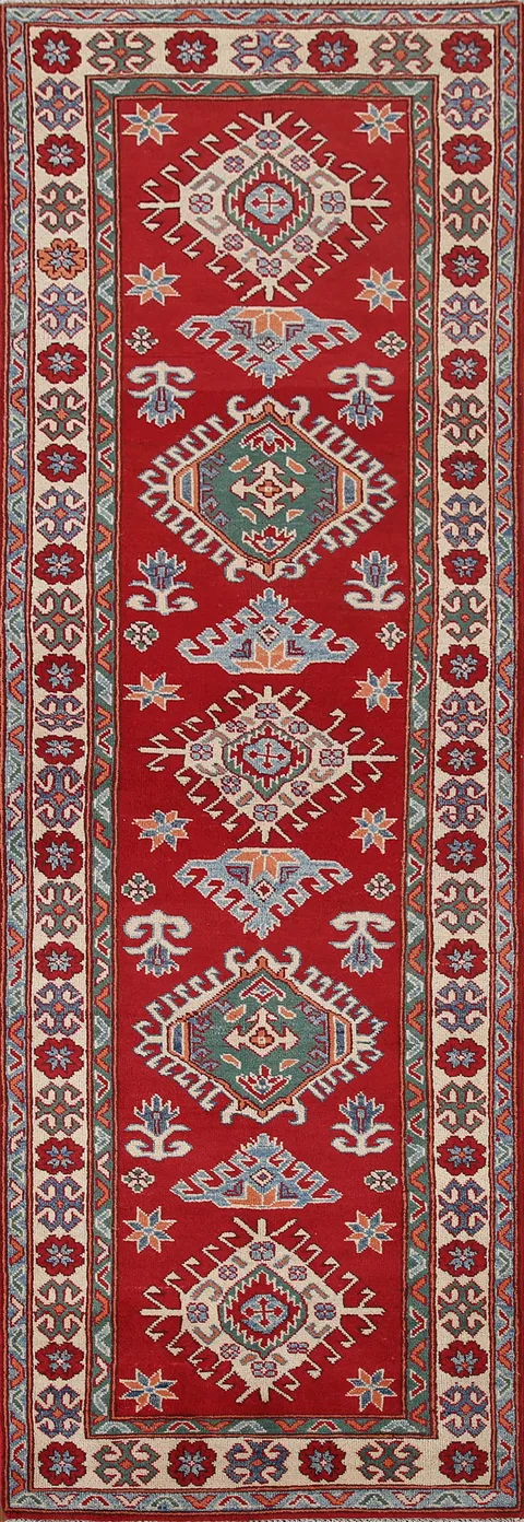 Geometric Red Kazak Oriental Runner Rug 3x10