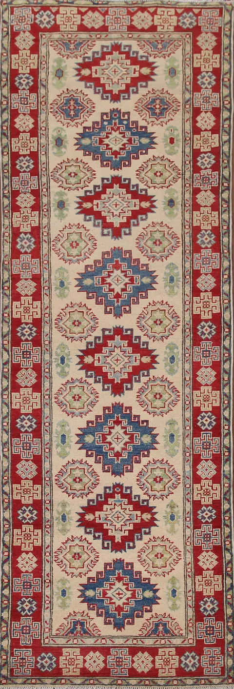 Geometric Kazak Wool Runner Rug 3x9