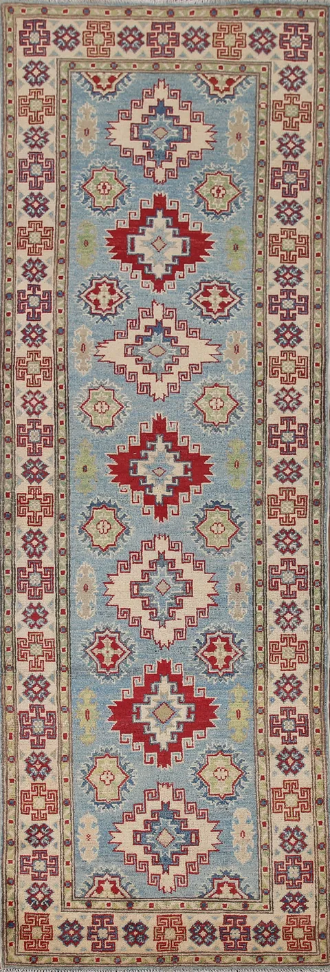 Light Blue Kazak Wool Runner Rug 3x9