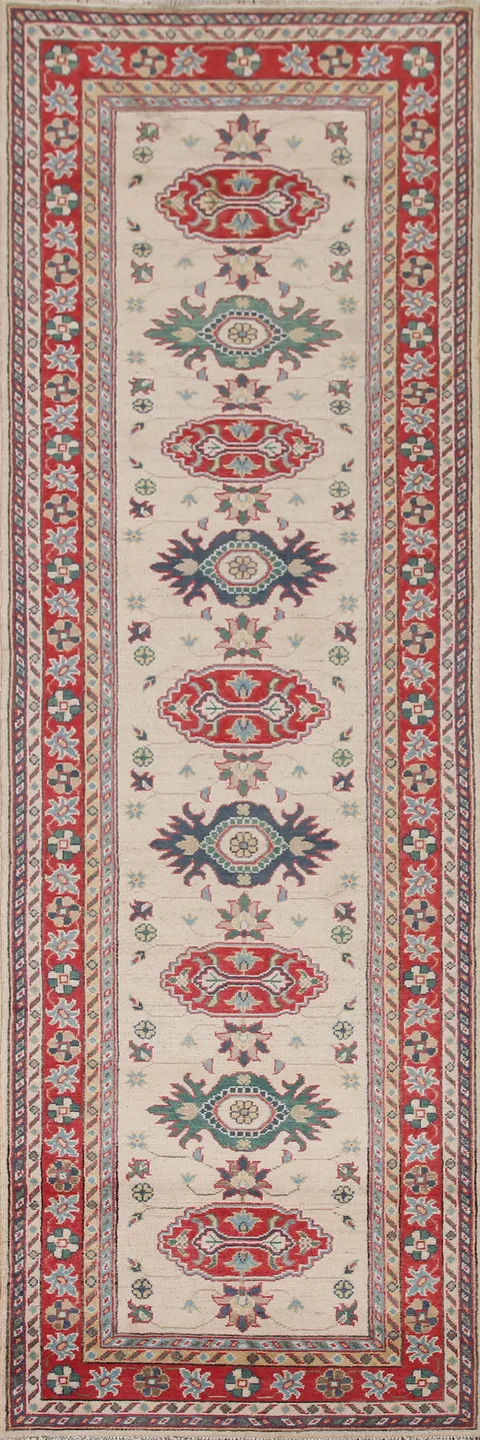 Ivory Wool Kazak Oriental Runner Rug 3x10