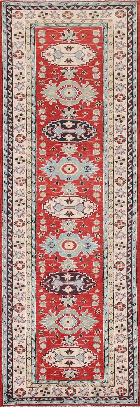 Geometric Red Kazak Wool Runner Rug 3x10
