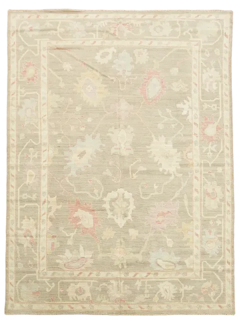 Muted Green Oushak Vegetable Dye Turkish Rug 9x12