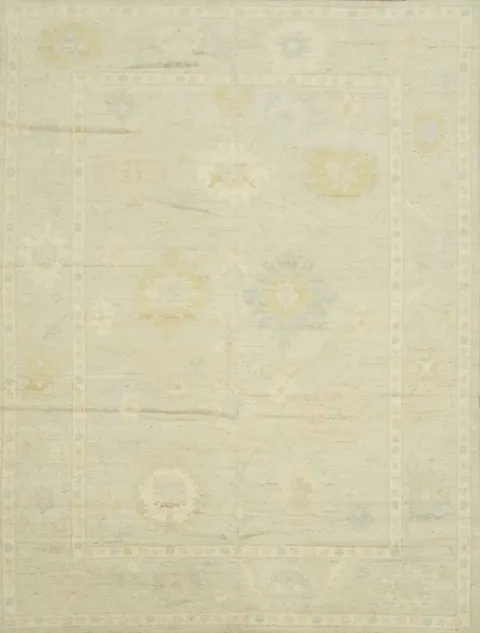 Vegetable Dye Pale Green Oushak Turkish Rug with Soft Pastel Floral Design 9x12 ft