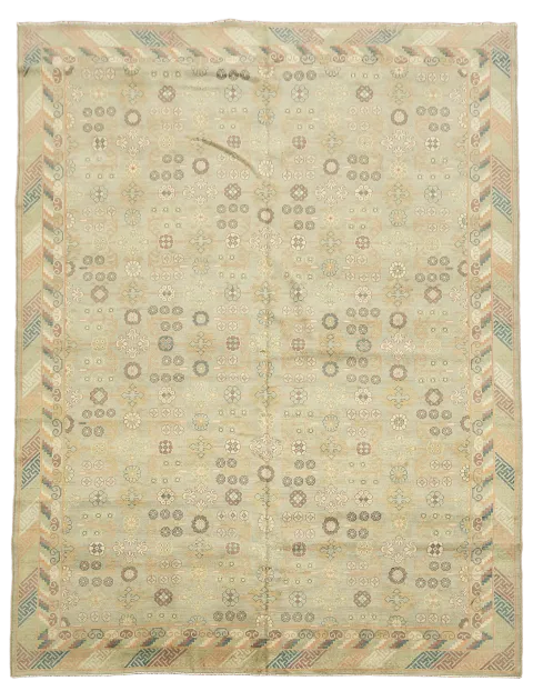 Muted color Green Oushak Turkish Rug with subtle pattern and artistic flair 9x12