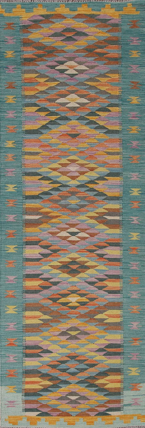 Geometric Kilim Reversible Wool Runner Rug 3x10