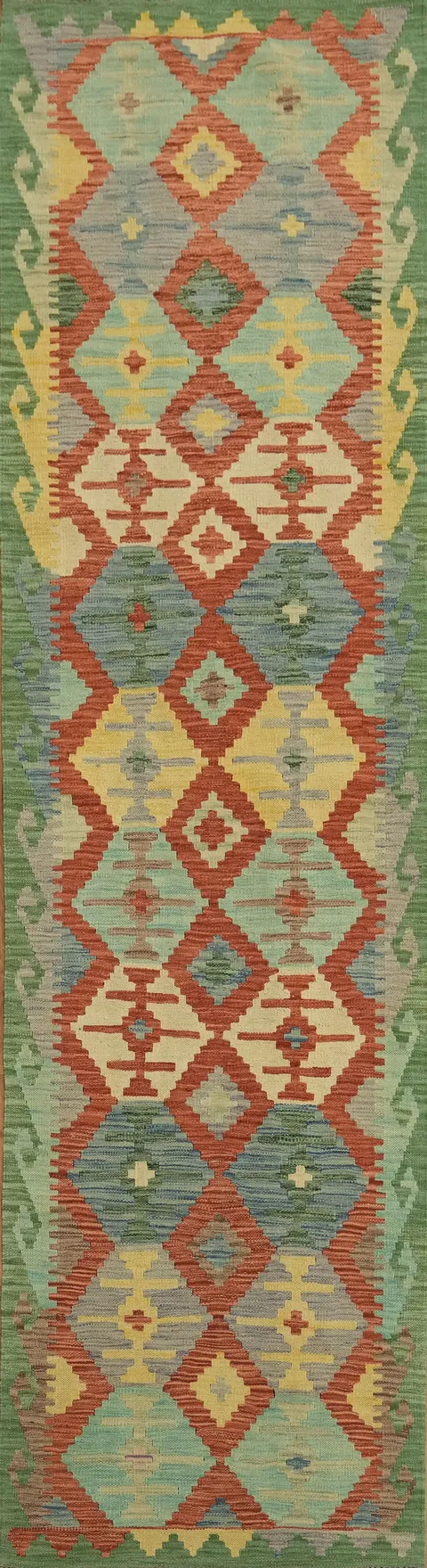 Colorful multi-patterned Kilim runner rug for bohemian inspired spaces 3x10