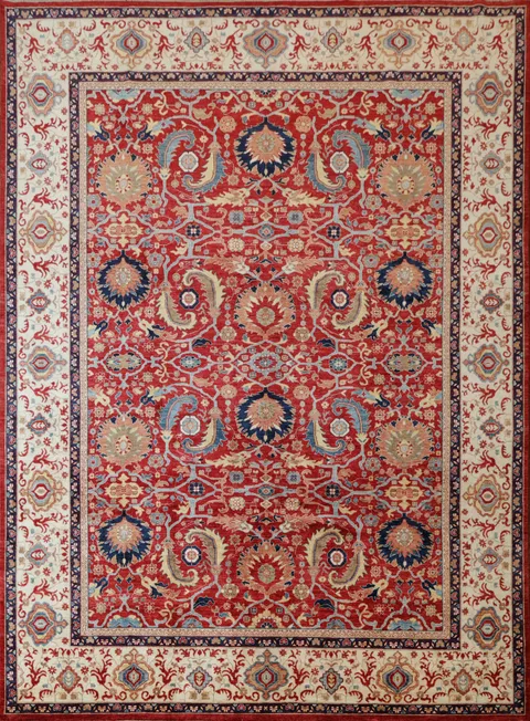Classic Persian-inspired rug with vibrant red and blue motifs 9x12