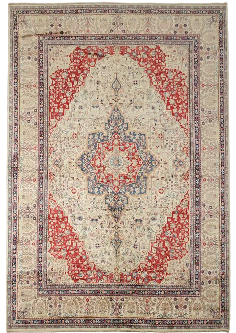 Luxurious Vegetable Dye Ivory and Red Tabriz Wool Rug 10x14